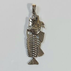 Silver Fish and Hook Skeleton Necklace Pendant - Mens Womens Jewelry